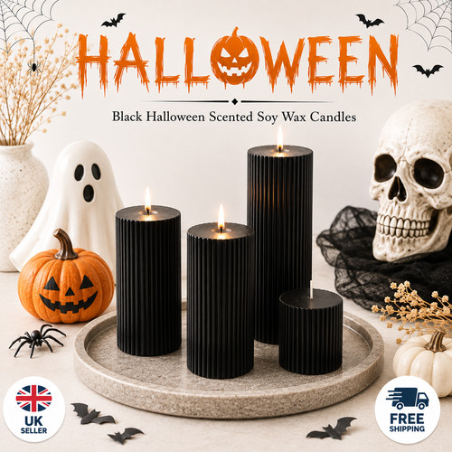 Black pillar candle set ribbed - pillar,
